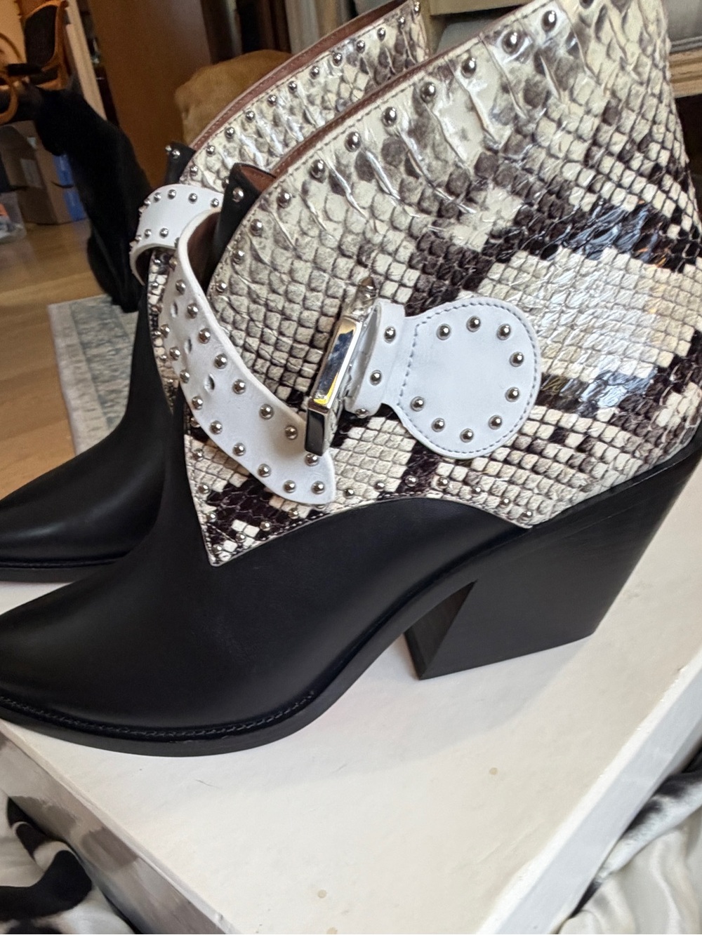 Authentic Givenchy Black and White Snakeskin-Trim Studded Leather Ankle Boots